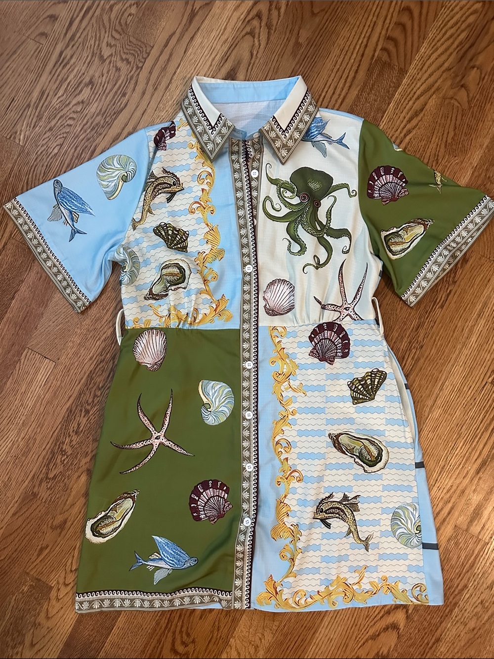Sea Life Button-Front Mini Dress in Olive Green & Sky Blue
